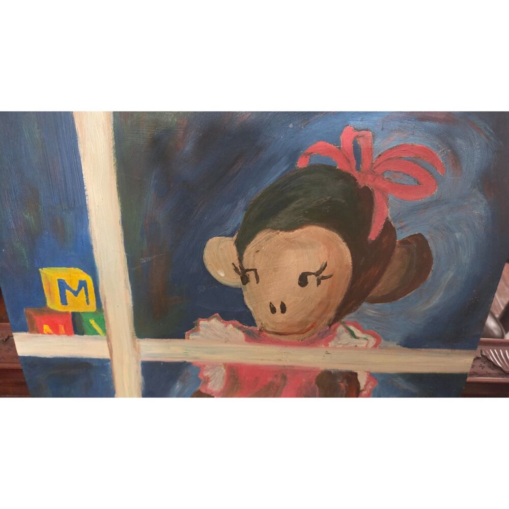 Vintage Style Whimsical Girl Monkey Nursery Folk Art Painting Original Canvas